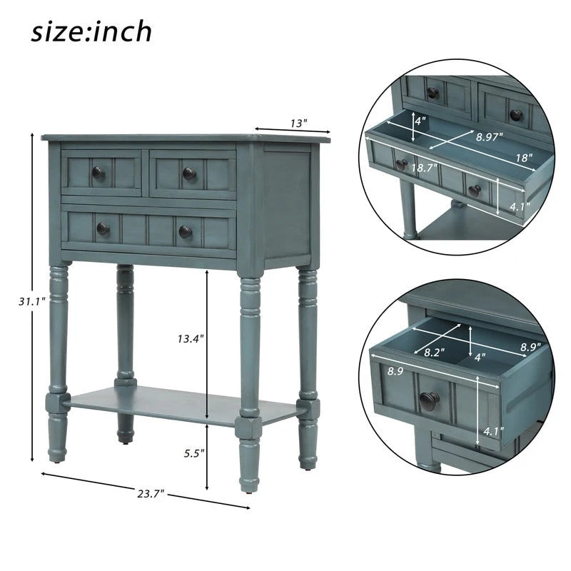 Console étroite en bois d'acacia avec 3 tiroirs et étagère ouverte – Pieds fuselés, 5 coloris