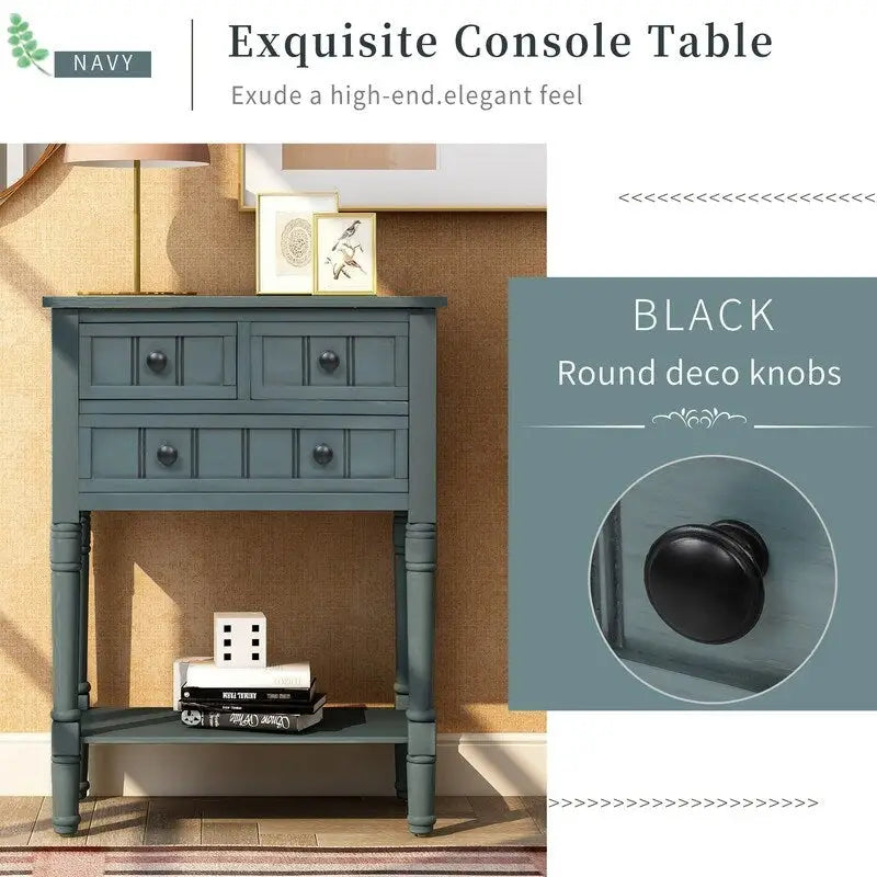 Console étroite en bois d'acacia avec 3 tiroirs et étagère ouverte – Pieds fuselés, 5 coloris