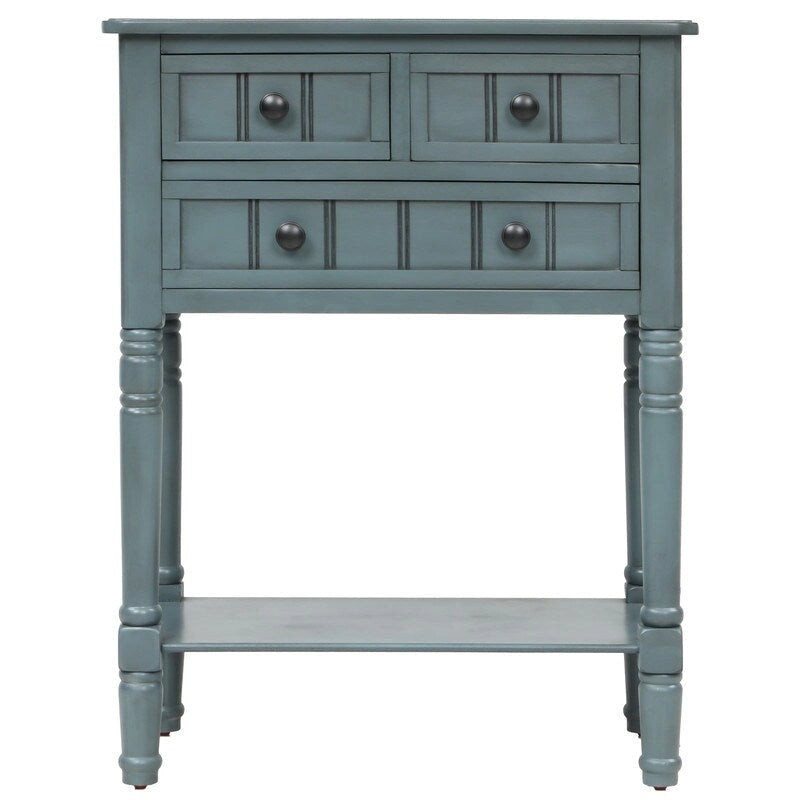 Console étroite en bois d'acacia avec 3 tiroirs et étagère ouverte – Pieds fuselés, 5 coloris