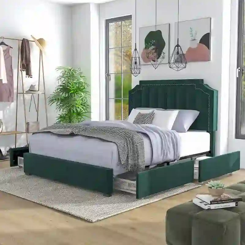 Lit plateforme Art Déco capitonné en velours avec 4 tiroirs de rangement