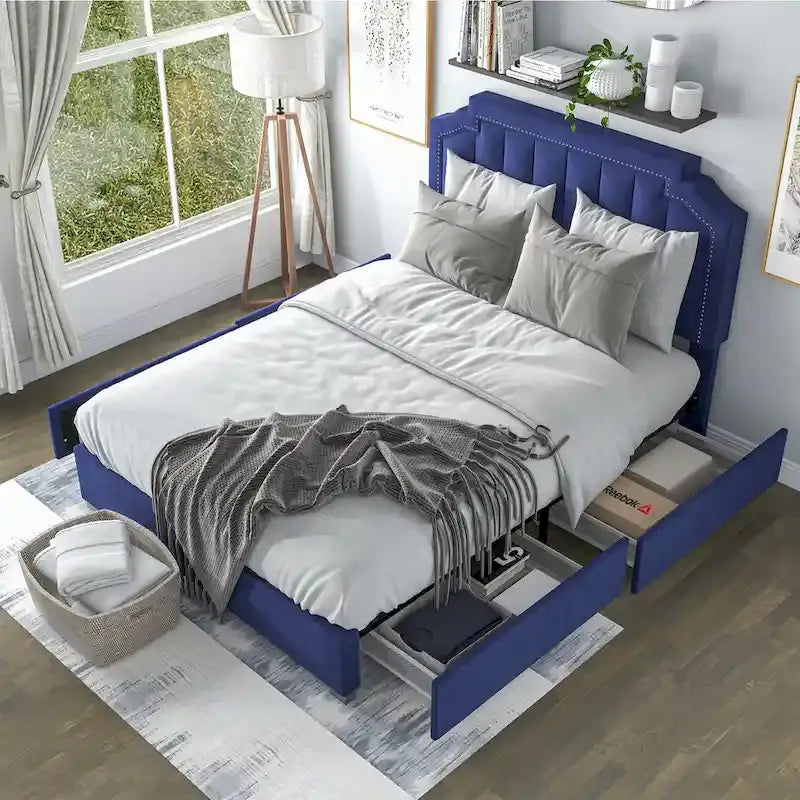 Lit plateforme Art Déco capitonné en velours avec 4 tiroirs de rangement