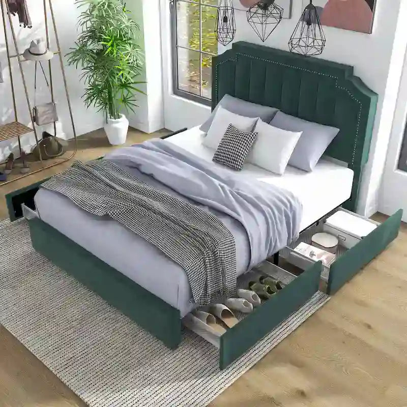 Lit plateforme Art Déco capitonné en velours avec 4 tiroirs de rangement