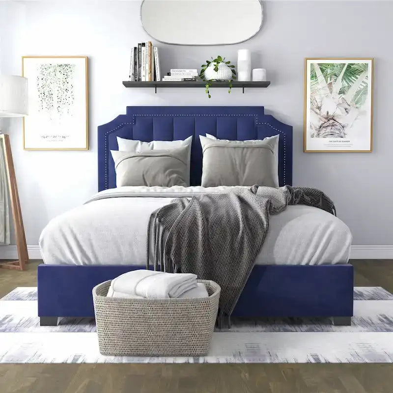 Lit plateforme Art Déco capitonné en velours avec 4 tiroirs de rangement