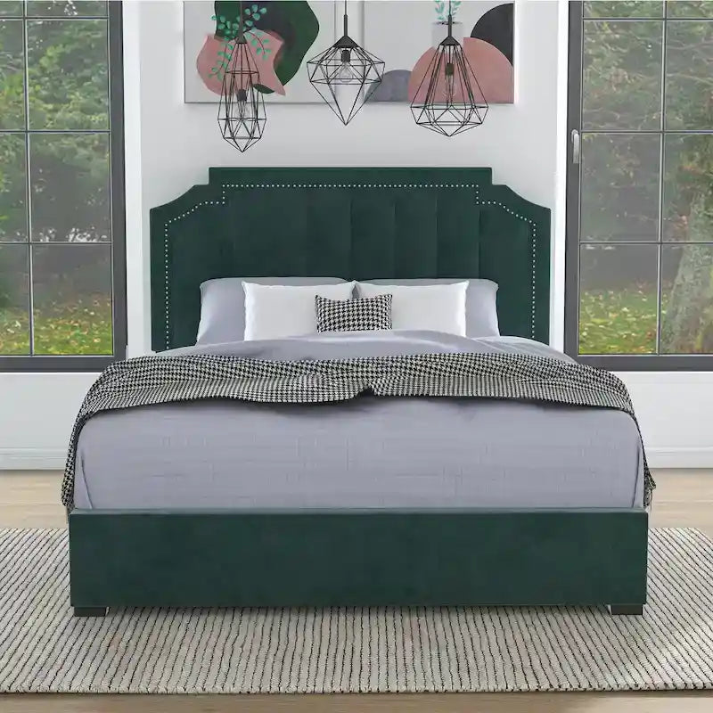 Lit plateforme Art Déco capitonné en velours avec 4 tiroirs de rangement