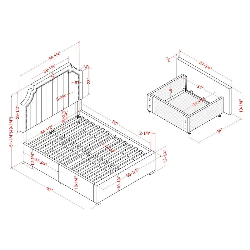 Lit plateforme Art Déco capitonné en velours avec 4 tiroirs de rangement