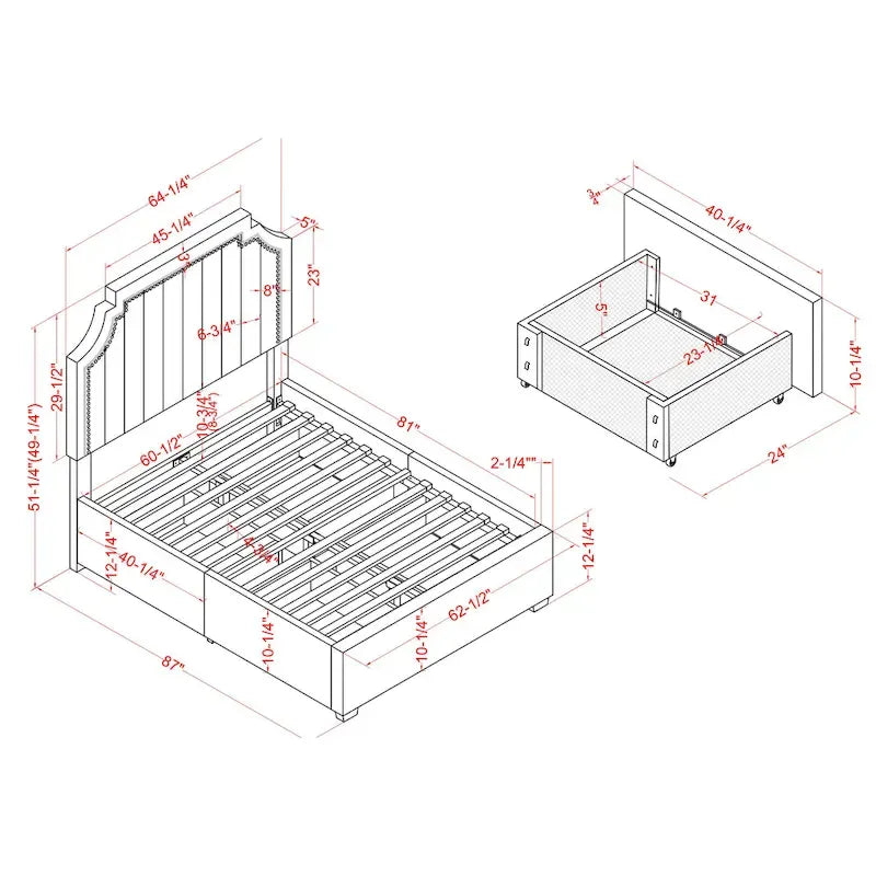 Lit plateforme Art Déco capitonné en velours avec 4 tiroirs de rangement