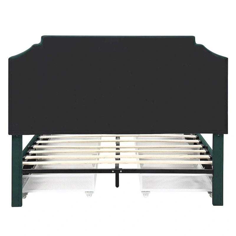 Lit plateforme Art Déco capitonné en velours avec 4 tiroirs de rangement