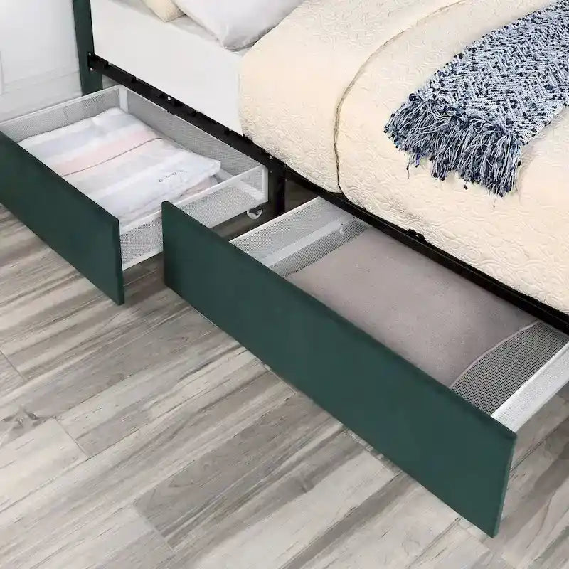 Lit plateforme Art Déco capitonné en velours avec 4 tiroirs de rangement