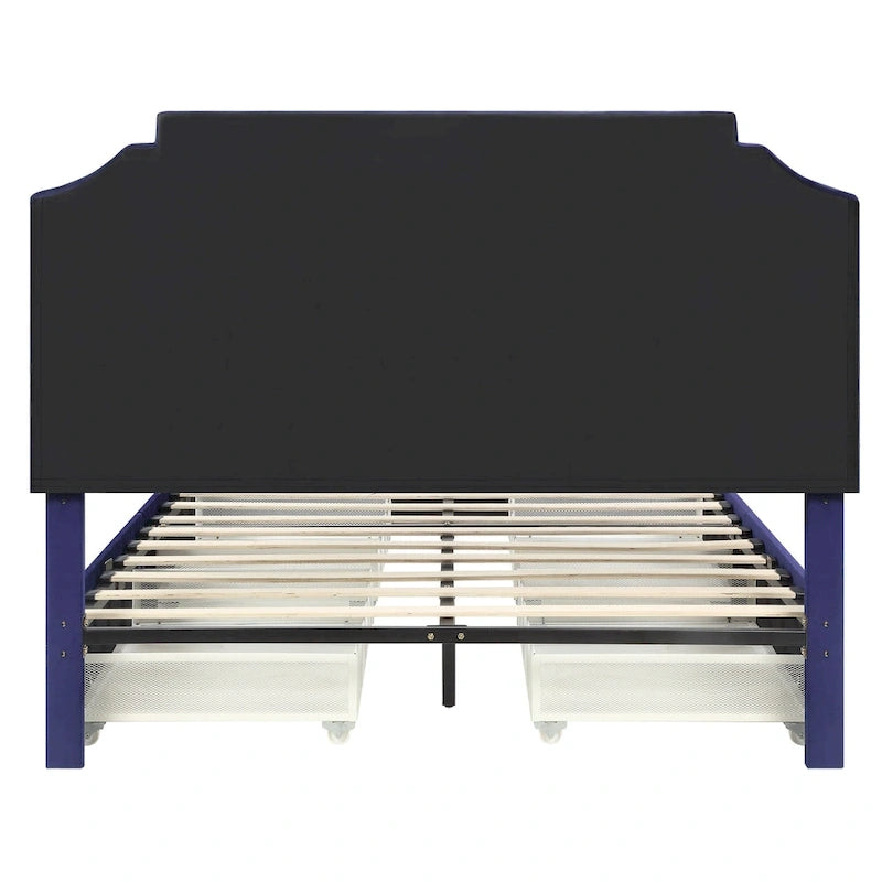 Lit plateforme Art Déco capitonné en velours avec 4 tiroirs de rangement