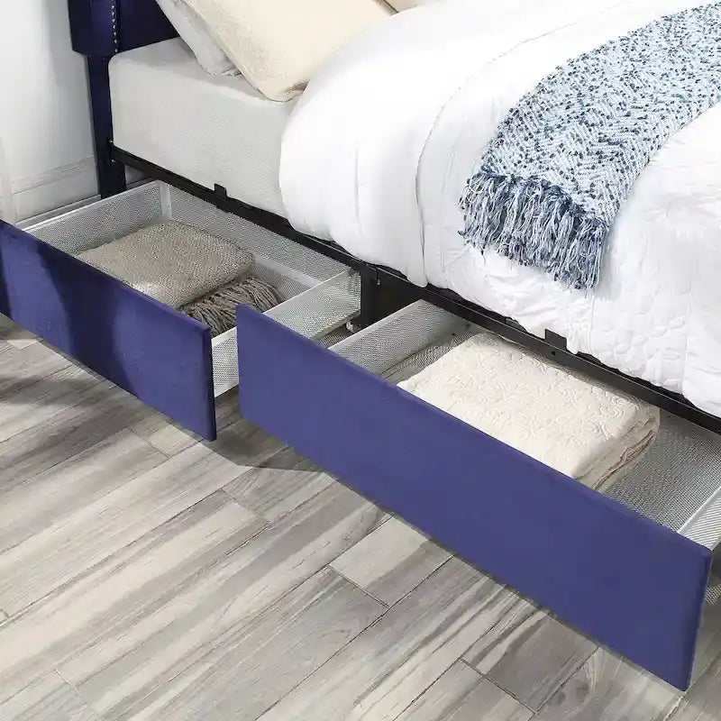Lit plateforme Art Déco capitonné en velours avec 4 tiroirs de rangement
