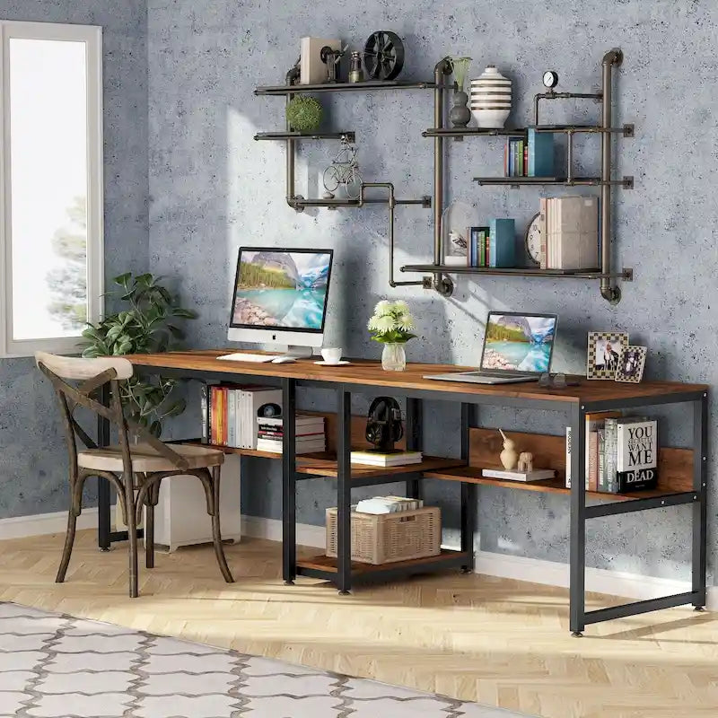 Bureau double avec étagère – 199,9 cm, finition vintage, 3 couleurs
