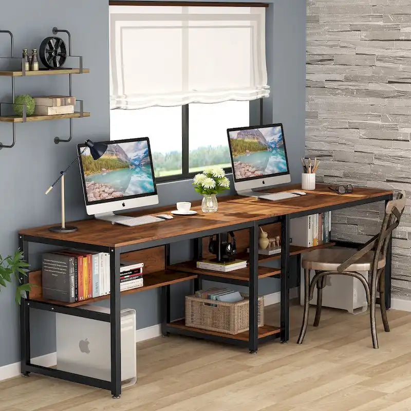 Bureau double avec étagère – 199,9 cm, finition vintage, 3 couleurs