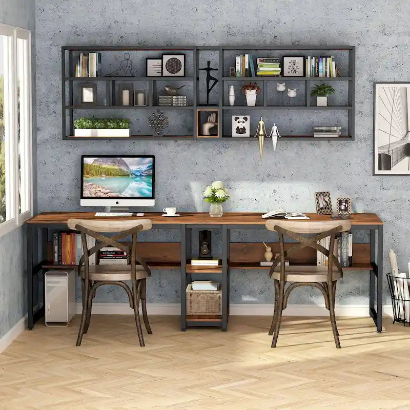 Bureau double avec étagère – 199,9 cm, finition vintage, 3 couleurs