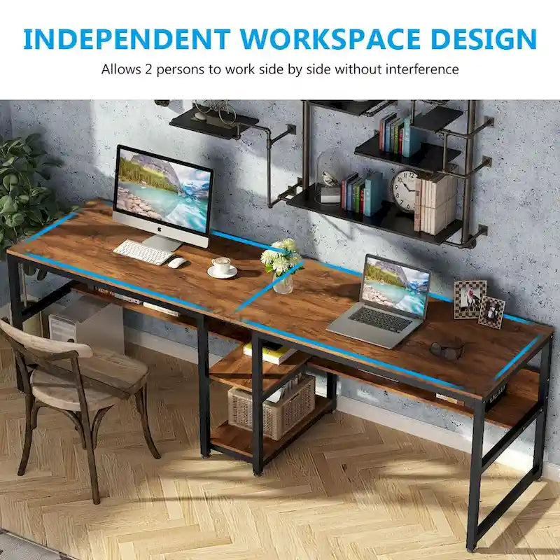 Bureau double avec étagère – 199,9 cm, finition vintage, 3 couleurs