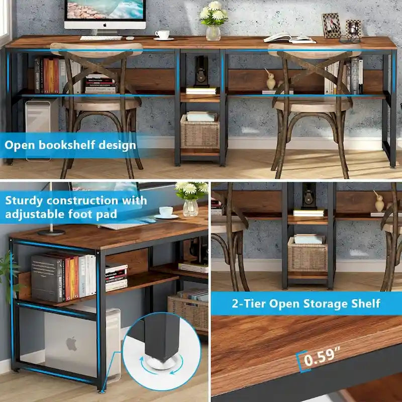 Bureau double avec étagère – 199,9 cm, finition vintage, 3 couleurs
