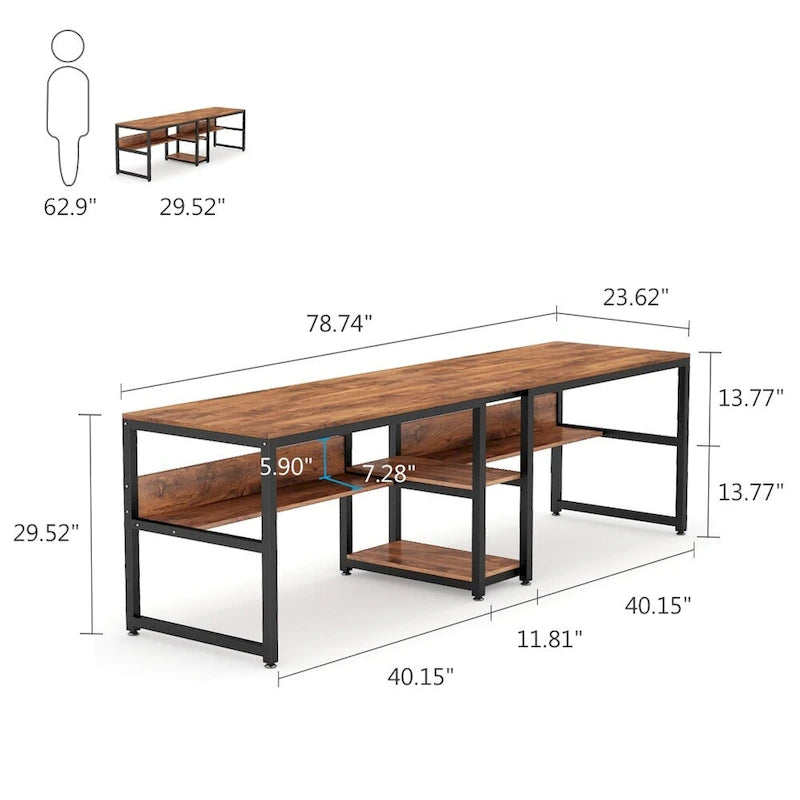 Bureau double avec étagère – 199,9 cm, finition vintage, 3 couleurs