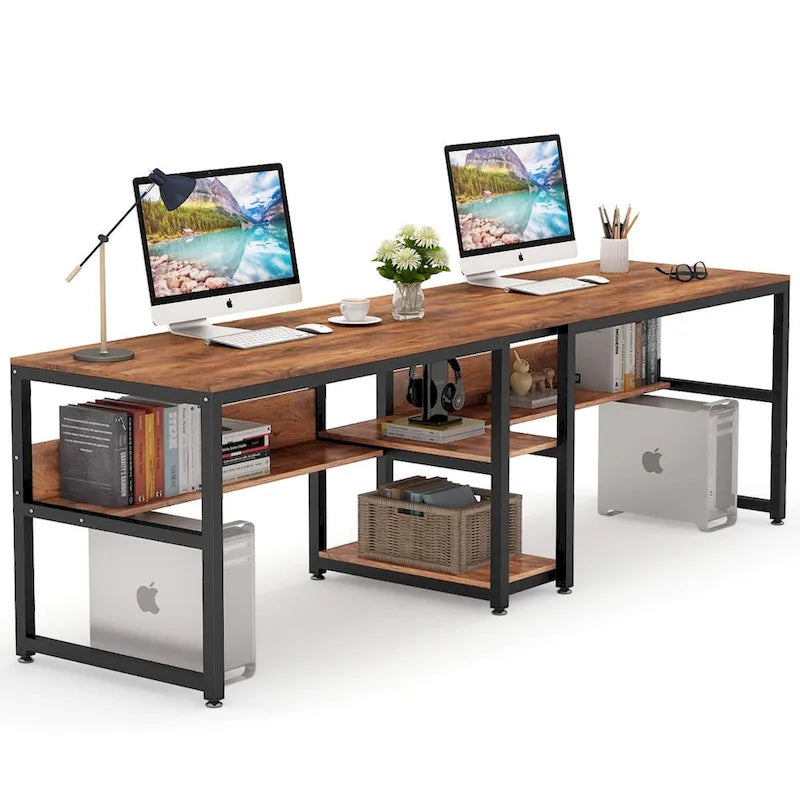 Bureau double avec étagère – 199,9 cm, finition vintage, 3 couleurs