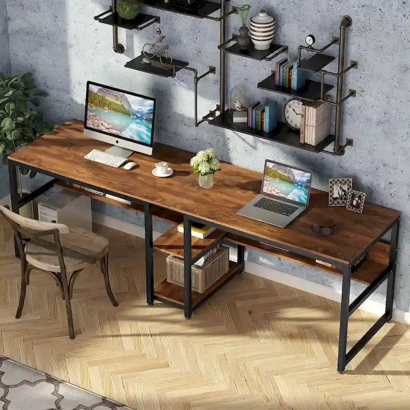 Bureau double avec étagère – 199,9 cm, finition vintage, 3 couleurs