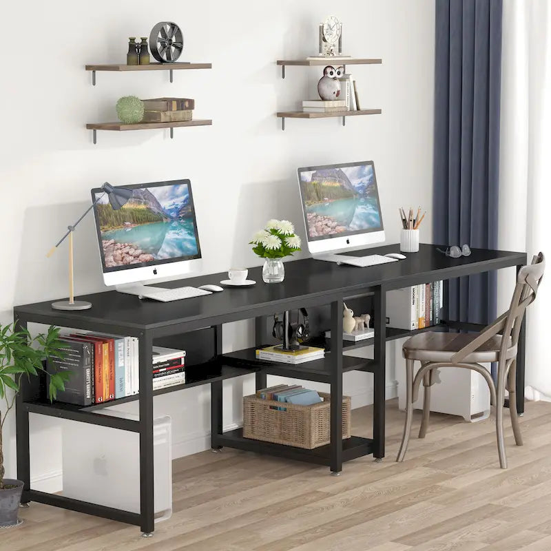 Bureau double avec étagère – 199,9 cm, finition vintage, 3 couleurs