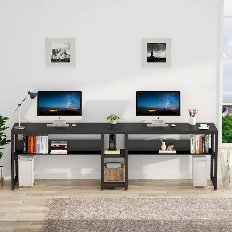 Bureau double avec étagère – 199,9 cm, finition vintage, 3 couleurs