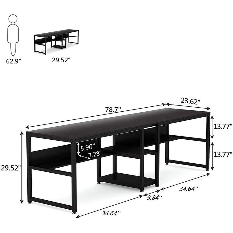 Bureau double avec étagère – 199,9 cm, finition vintage, 3 couleurs