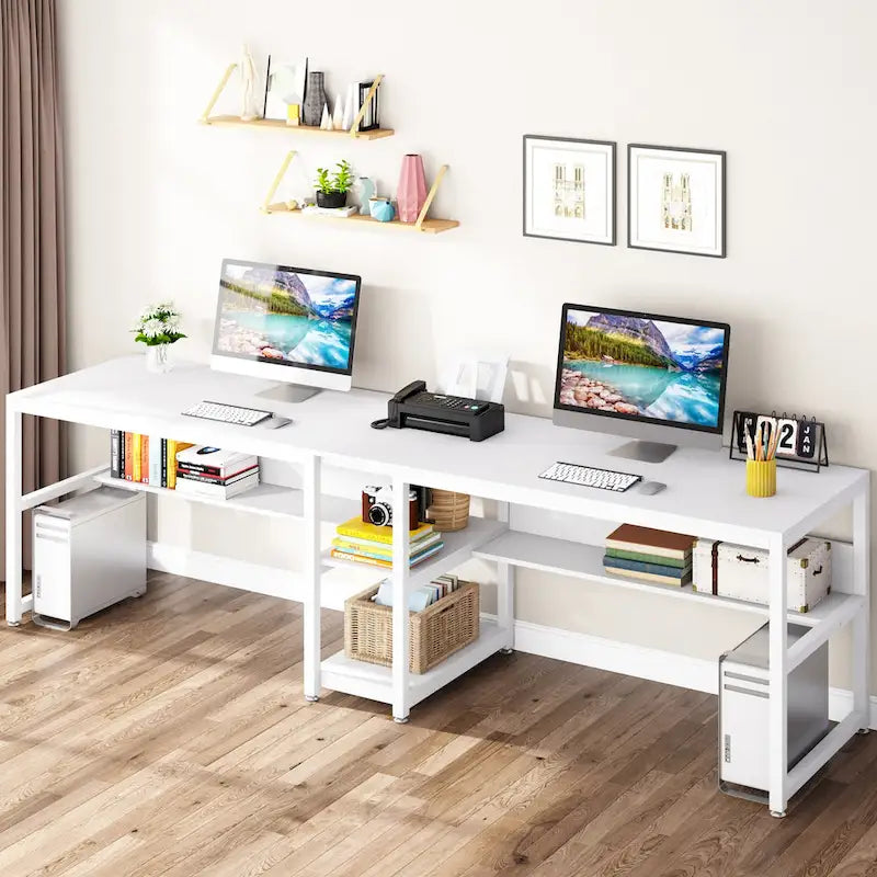 Bureau double avec étagère – 199,9 cm, finition vintage, 3 couleurs