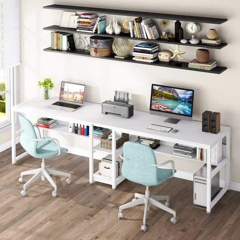 Bureau double avec étagère – 199,9 cm, finition vintage, 3 couleurs