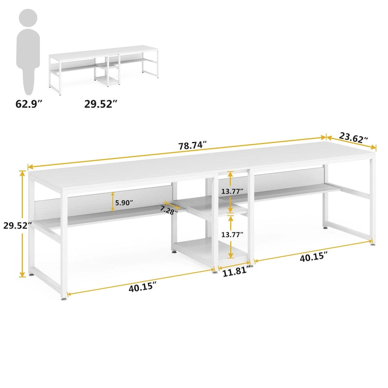 Bureau double avec étagère – 199,9 cm, finition vintage, 3 couleurs