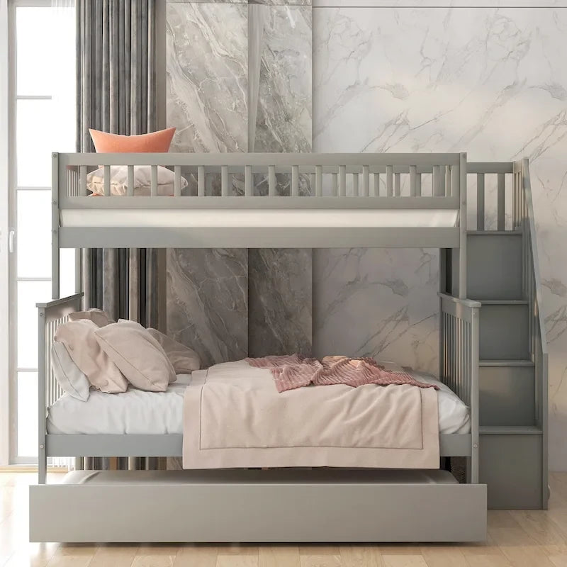 Twin over Full Bunk Bed with Trundle, Staircase & Storage Shelves