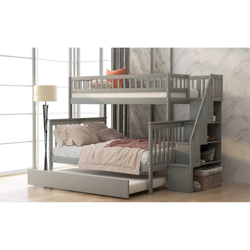 Twin over Full Bunk Bed with Trundle, Staircase & Storage Shelves