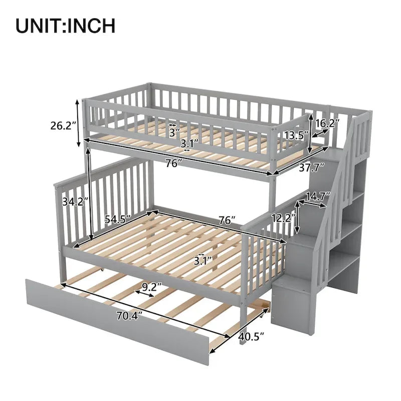 Twin over Full Bunk Bed with Trundle, Staircase & Storage Shelves