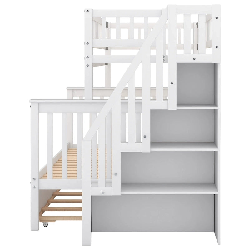 Twin over Full Bunk Bed with Trundle, Staircase & Storage Shelves