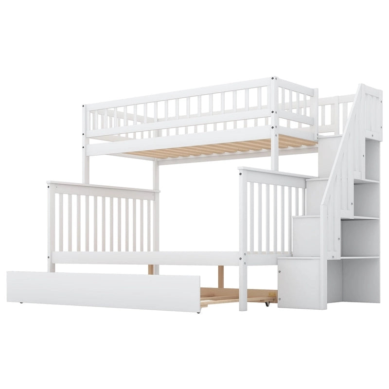 Twin over Full Bunk Bed with Trundle, Staircase & Storage Shelves