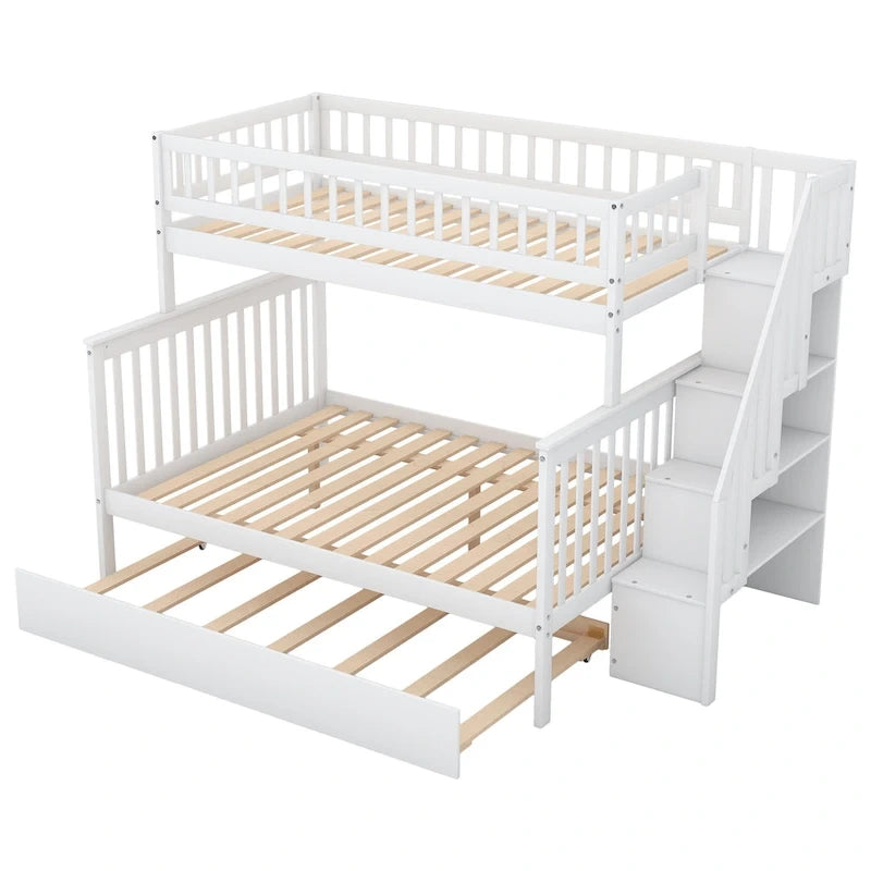 Twin over Full Bunk Bed with Trundle, Staircase & Storage Shelves