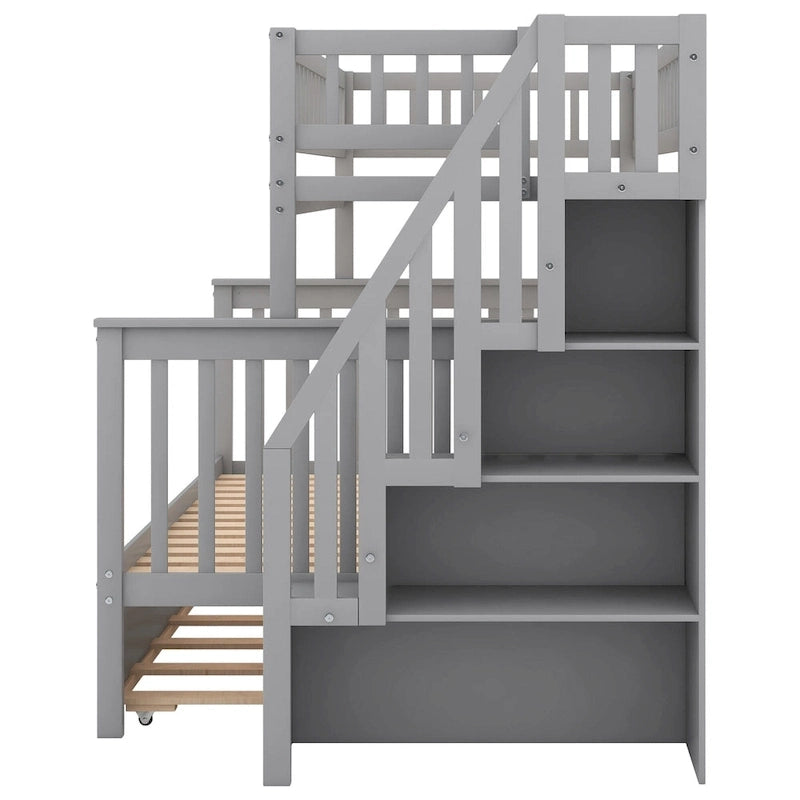 Twin over Full Bunk Bed with Trundle, Staircase & Storage Shelves
