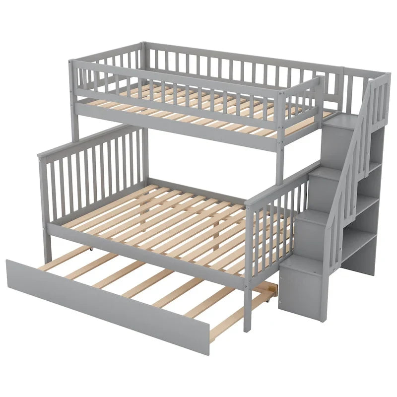 Twin over Full Bunk Bed with Trundle, Staircase & Storage Shelves