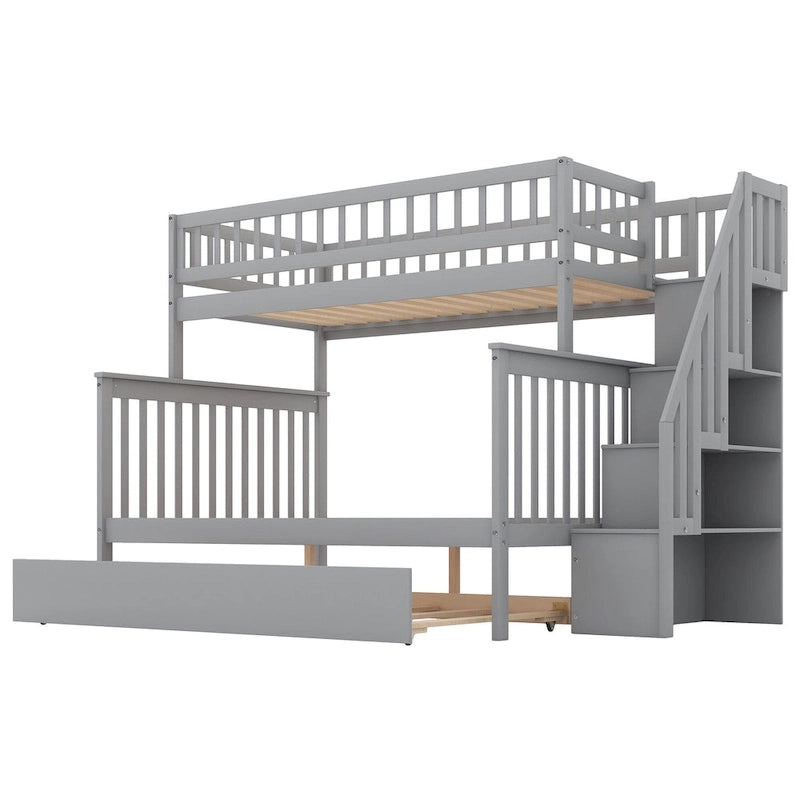 Twin over Full Bunk Bed with Trundle, Staircase & Storage Shelves