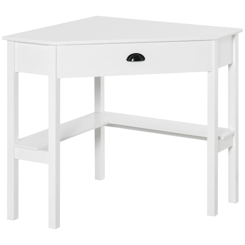 Bureau d'angle triangulaire avec tiroir et étagères de rangement pour petits espaces