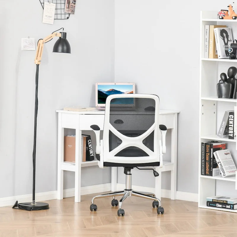 Bureau d'angle triangulaire avec tiroir et étagères de rangement pour petits espaces