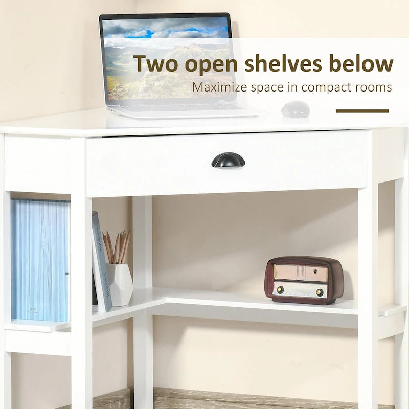 Bureau d'angle triangulaire avec tiroir et étagères de rangement pour petits espaces