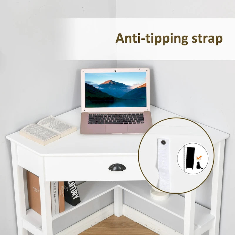 Bureau d'angle triangulaire avec tiroir et étagères de rangement pour petits espaces