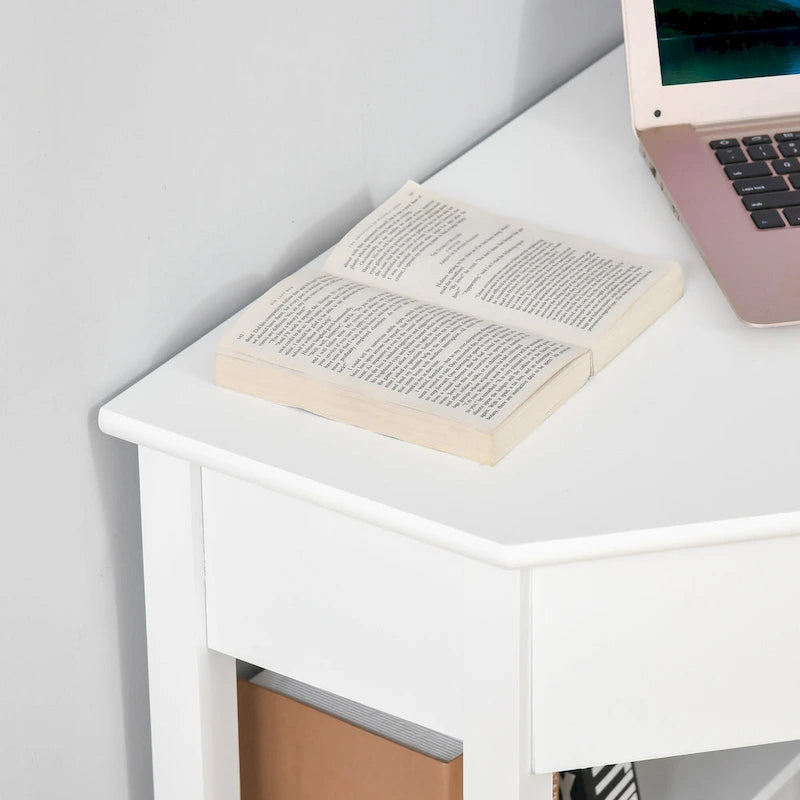 Bureau d'angle triangulaire avec tiroir et étagères de rangement pour petits espaces