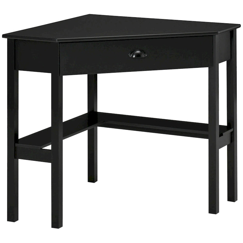 Bureau d'angle triangulaire avec tiroir et étagères de rangement pour petits espaces