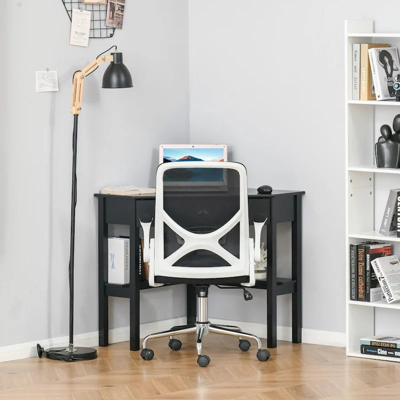 Bureau d'angle triangulaire avec tiroir et étagères de rangement pour petits espaces