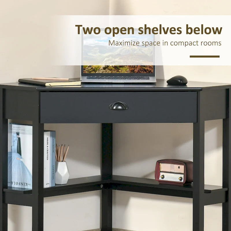 Bureau d'angle triangulaire avec tiroir et étagères de rangement pour petits espaces