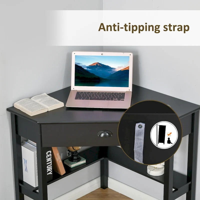 Bureau d'angle triangulaire avec tiroir et étagères de rangement pour petits espaces