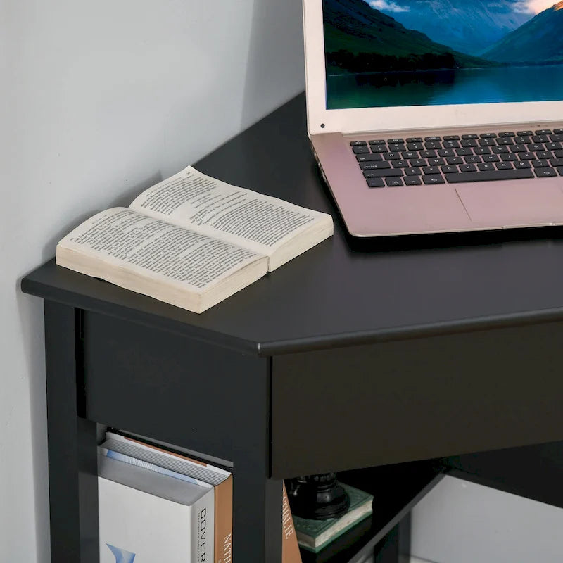 Bureau d'angle triangulaire avec tiroir et étagères de rangement pour petits espaces