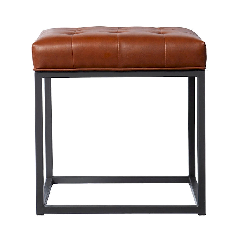 Mini pouf capitonné marron selle avec base en métal graphite