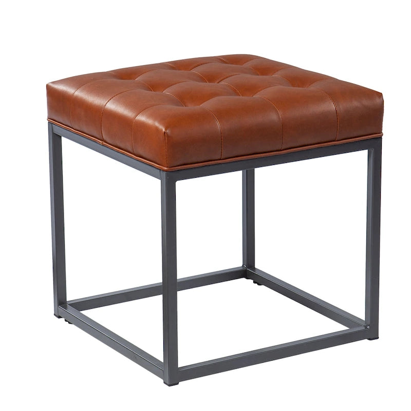 Mini pouf capitonné marron selle avec base en métal graphite