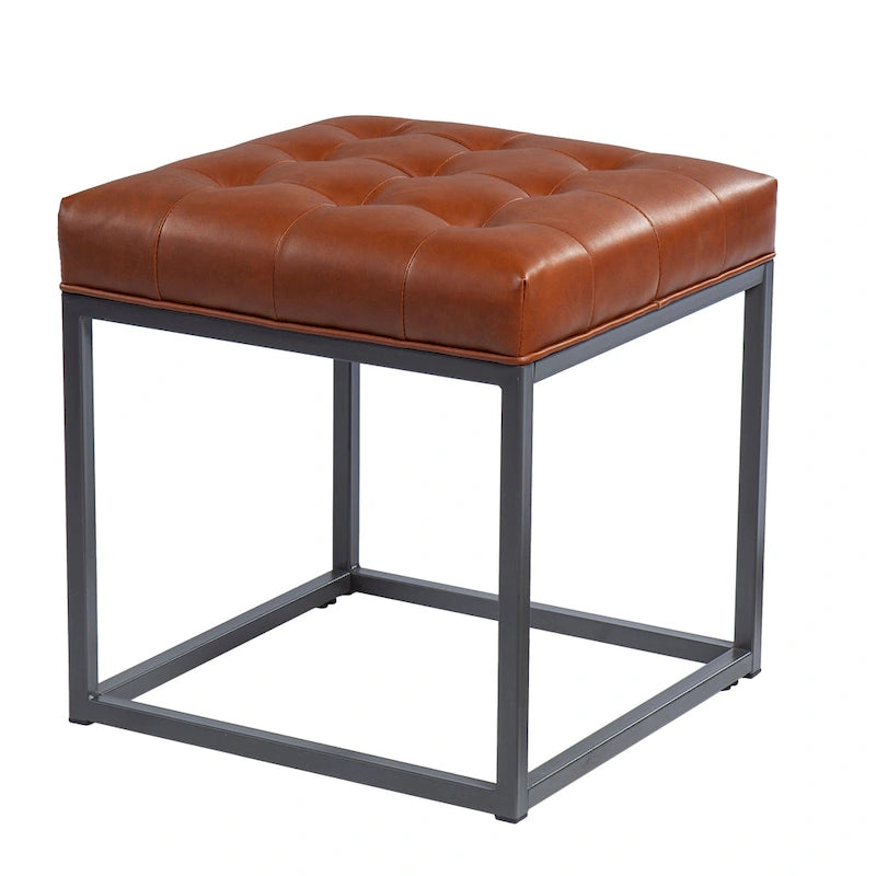 Mini pouf capitonné marron selle avec base en métal graphite